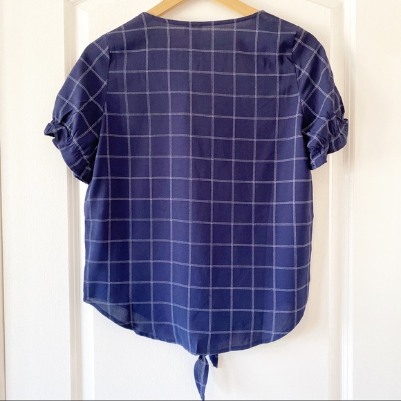 NWOT LARA navy plaid front tie blouse - Picture 4 of 7
